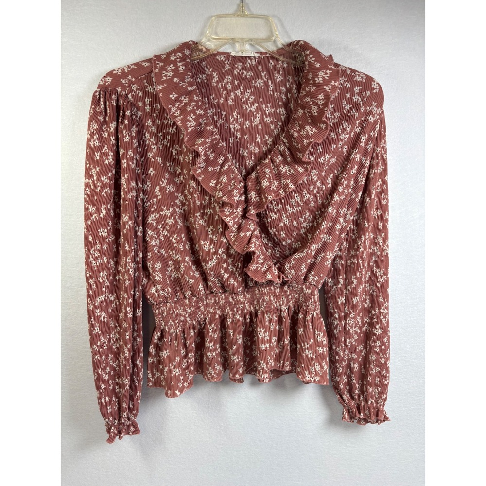 MINE Womens L Floral Ruffle Peplum Blouse Smocked Waist Cottagecore Mauve